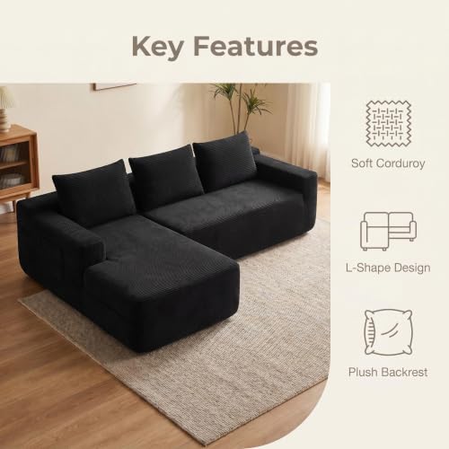 Image of Corduroy Boneless Couch for Living Room, 96 inch Cloud Sectional Couch with L-Shape Chaise, Modern Modular Sofa, Deep Seat Comfort, No Assembly Required