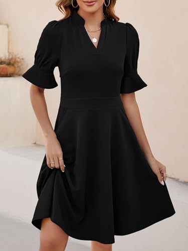 Mokayee Womens Summer V Neck Ruffle Short Sleeve Fit and Flare Knee Length Church Wedding Guest Dresses with Pockets2