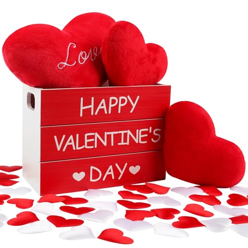 Wlicon Valentine's Day Decor Wooden Created, Valentine's Day Wood Box Sign with 3 Pcs Plush Hearts and 50 Pcs Fabric Hearts Set Valentines Table Decorations for Wedding Anniversary Party Home Dector