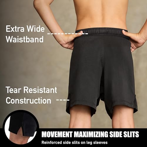 Elite Sports Kids MMA BJJ No GI UFC Grappling Shorts, Sports Shorts for Boys & Girls, Youth Jiu Jitsu Training Shorts Black