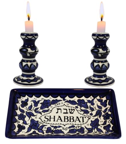 Holy Land Market Shabbat Candlesticks Set - Colorful Ceramic Shabbat Candle Holders Set with Matching Plate for Holidays Blue