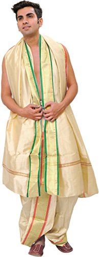 Ready to Wear Dhoti and Veshti Set with Woven Golden Border - Poly Silk product thumbnail 14