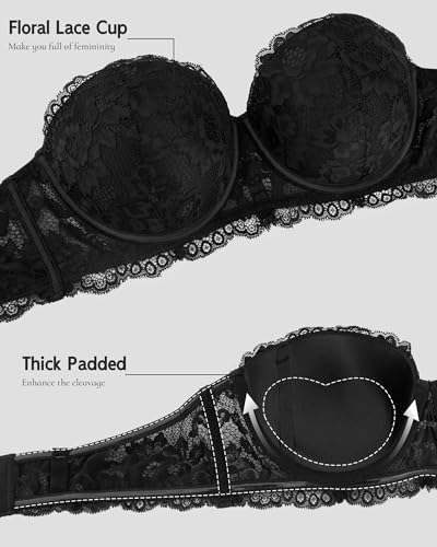 Image of Strapless Bra Push Up Lace Padded Convertible Multiway Underwire Bras Add 1 Cup