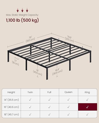 Image of VASAGLE King Metal Bed Frame 16 Inches Tall, 1100 lb Weight Capacity, No Box Spring Needed, with Under-Bed Storage, Easy Setup, Heavy-Duty Platform Bed, Mattress Retainers, Matte Black URMB664BD02S