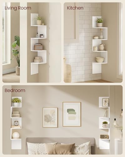 Image of VASAGLE Corner Shelves Wall Mount, 4-Tier Floating Bookshelves, Set of 2 | Corner bookshelf plant shelves, Cloud White, Custos Collection, ULBC704WB01S