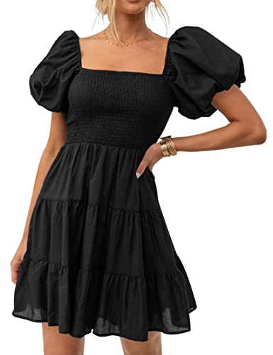 ZESICA Women's Boho 2025 Summer Square Neck Puff Sleeve Off Shoulder Smocked Tiered Casual A Line Short Mini Dress,Black,Medium
