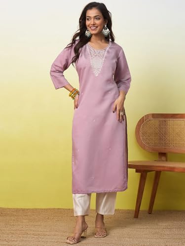 Image of Women's Embroidered Silk Straight Kurta Kurti | Below Knee Kurtas for Women Traditional Indian Wear Outfit Suitable Casual Festive Office Styling