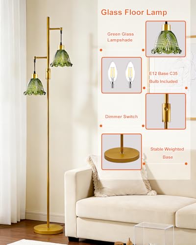 Image of Lightdot 2- Light Gold Flower Floor Lamp for Living Room, 65IN Dimmable Floor Lamps with Green Glass Shade& Warm White Bulbs, Modern Standing Tall Lamp with 5Lbs Heavy Base for Bedroom Home Office