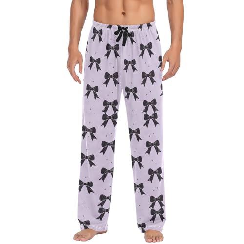 Men’s Black Bows Pajama Pants with Pockets, Comfortable Lounge Sleep Bottoms#553