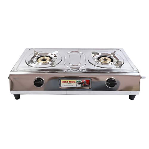 Image of kitchen king Nicky Tasha Heavy Stainless Steel 2 Open Burner Body ISI Certified Pan Supported Gas Stove (Metallic Silver).