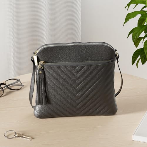 Image of FashionPuzzle Chevron Quilted Medium Crossbody Bag with Tassel Accent