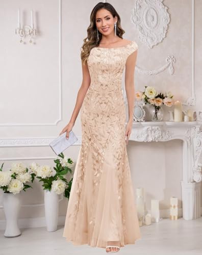 VCCICANY Mermaid Mother of The Bride Dresses Long for Women Off The Shoulder Sequin Lace Formal Evening Gown4