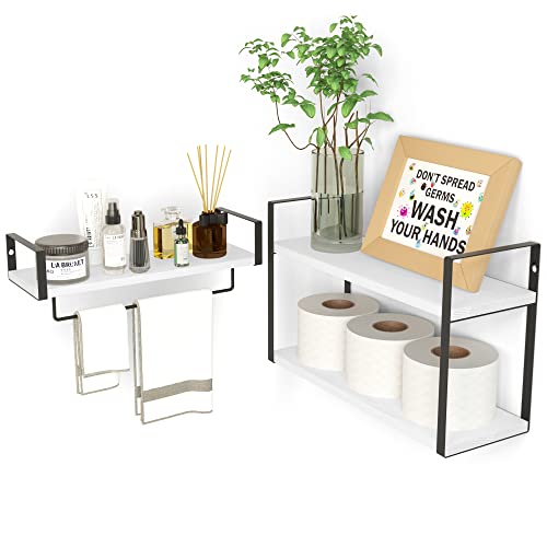 Zgo 2+1 Tier Floating Shelves Wall Mounted Set Of 2, Rustic Wood Wall Shelves With Metal Frame Tissue Rack And Towel Bar For Bedroom, Bathroom, Living Room, Kitchen, Storage & Decoration, White #TOP12