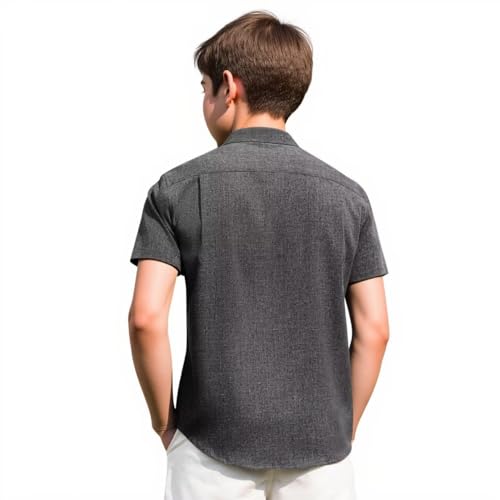 Boys Linen Shirt for Kids Summer Beach Short Sleeve Button-Down Dress Shirts with Chest Pocket Teens Casual Tops2