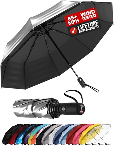 Windproof Travel Umbrella - Compact & Withstands Winds up to 85MPH, Strongest Premium Auto Folding Umbrella for Rain and Sun - Durable, Light & Portable for Women & Men, Fits Backpack & Cars