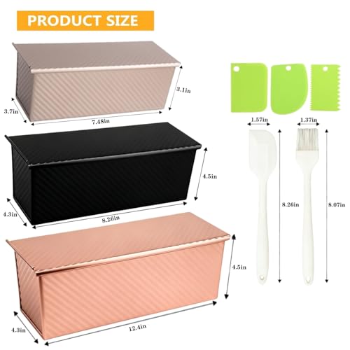 image for YURTKUMAS 3 Pack Set Pullman Loaf Pan with Lids, 2.2 lb & 1 lb & 0.8 l