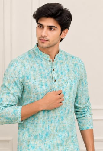 Image of FOXDX Men's Cotton Kurta, Ethnic Printed Kurta for Perfect Ethnic Look, Stand Collar Long Sleeve Casual Printed Regular Long Kurta