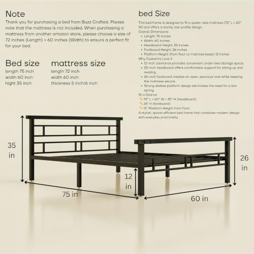 Image of Queen Size Metal Bed Frame Without Storage | QueenSize Metal Bed | Queen Iron Bed | Queen Steel Bed | Heavy Duty Platform Bed | Double Bed Cot | Metal Cot | Steel Slats | No Box Spring Needed | Black