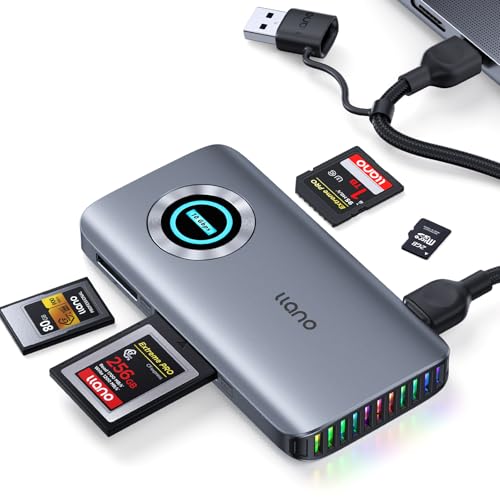 llano CFexpress Typ A/B Kartenleser USB 3.2 Gen 2 (10 Gbit/s) 4-in-1 UHS-II SD4.0 & Micro SD/TF4.0 Kartenlesegerät mit RGB Speicherkartenleser für Windows macOS Linux iOS iPadOS und Android