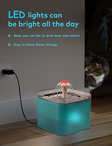 Aonboy Cat Water Fountain Stainless Steel, Ultra Silent 67Oz/2L, With Led Light, Activated Carbon Filter, Pet Water Fountain For Cats And Small Dogs #TOP4