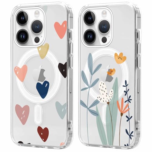 2 Pezzi Cover Magnetica per iPhone 14 Pro Aesthetic Disegni Trasparente Custodia Compatibile con MagSafe Antiurto Bumper Protettiva Case per 14 Proï¼ÅColorato 6.1 pollici silicone tpu