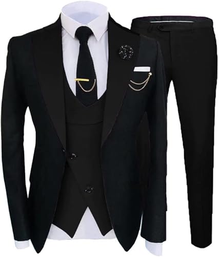 Setwell Mens Three Piece Groom Wedding Formal Dinner Dance Party Skinny Suit for Christmas Holiday Black