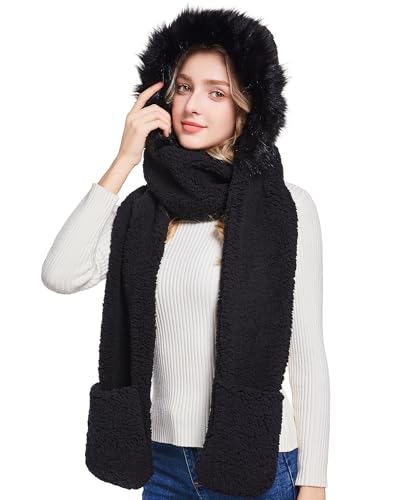 Winter Faux Fur Fuzzy Trim Sherpa Hooded Scarf Cute 3-in-1 Scarf Hat Gloves Set for Women