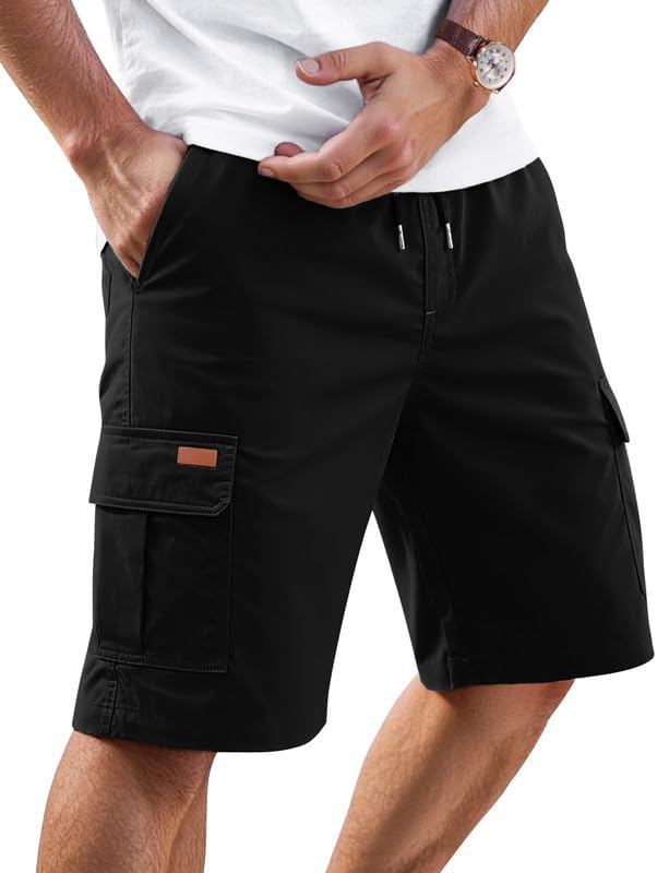 Cargo Shorts for Men Drawstring 9 inch Elastic Waist with 5 Pockets