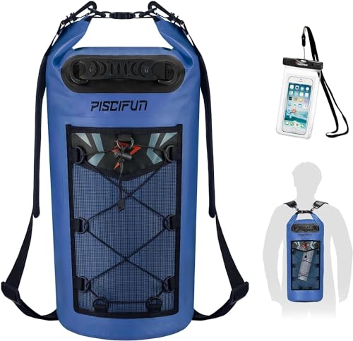Image of Piscifun Waterproof Dry Bag Backpack 30L Floating Dry Backpack with Waterproof Phone Case for Water Sports - Fishing Boating Kayaking Surfing Rafting Camping Gifts for Men and Women Sapphire Blue