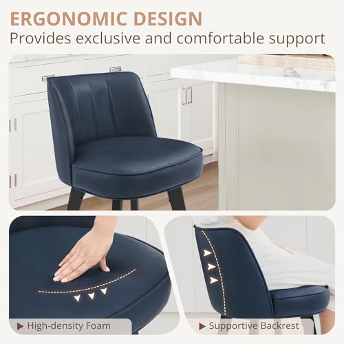 Image of LUE BONA 360-degree Swivel Bar Stools, 26 inch Counter Height Bar Stools with High Back and Wood Legs, Morden Faux Leather Upholstered Barstools for Kitchen Counter