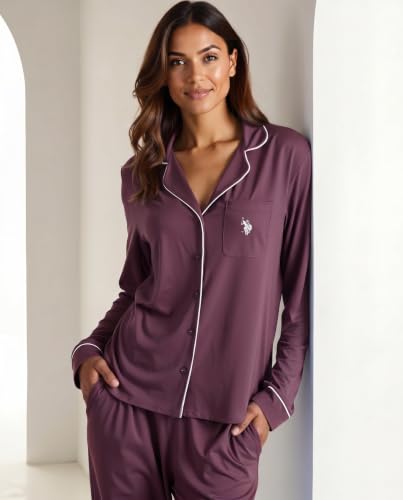 Image of U.S. POLO ASSN. Womens Lightweight Notch Collar Pajama Set | Classic Button Down Pajamas for Women with Long Sleeve Top and Pajama Pants