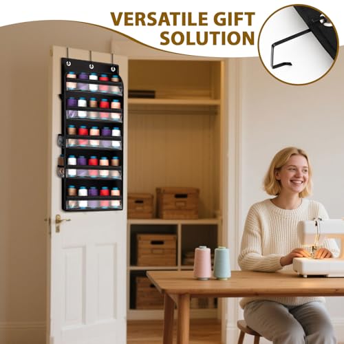 Tegeme 5-Tier Hanging Thread Holder Organizer with PVC Window & Side Pockets 31 x 13 x 3.5 Inch Thread Rack Over The Door Yarn Storage Organizer for Embroidery Spool Sewing Quilting Knitting Crochet - Thumbnail 5