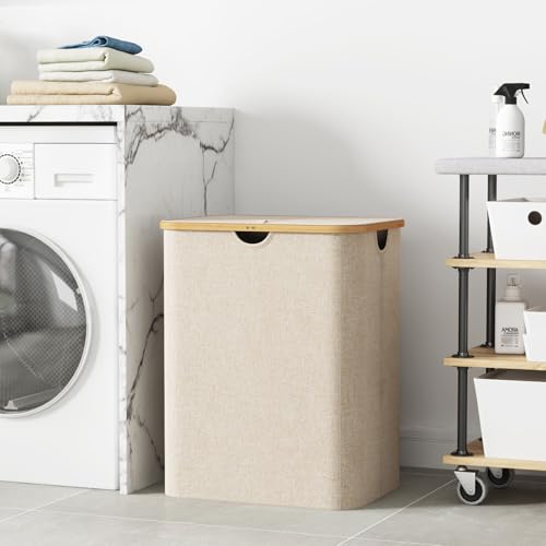 Lifewit 2-Fächer Wäschekorb mit Deckel, 120L großer faltbarer Wäschekorb mit Bambusgriffen und abnehmbarem Wäschesack für Schlafzimmer, Badezimmer und Haushalt, Beige