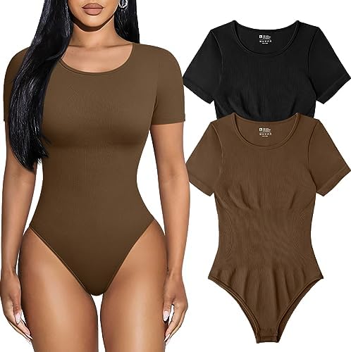 TOB Women’s 2 Piece Bodysuits Sexy Ribbed One Piece Short Sleeve Tops Bodysuits