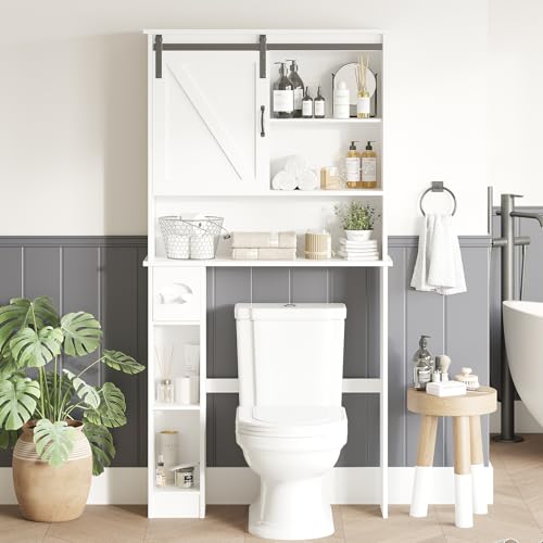 Over the Toilet Storage Cabinet Bathroom Shelf over toilet with Sliding Barn Door, Toilet Organizer with Toilet Paper Holder, Toilet Organizer Rack with Adjustable Shelf for Bathroom, Laundry, White