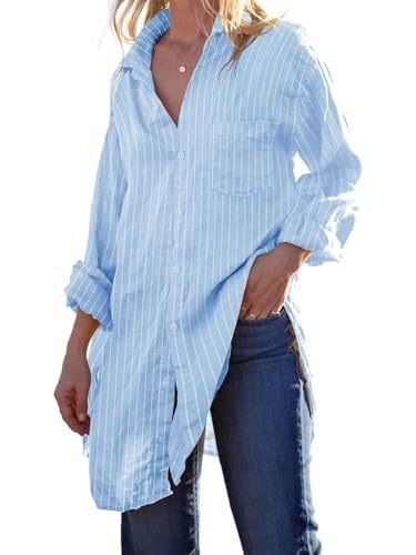 Image of Runcati Womens Button Down Shirts Linen Cotton Long Sleeve Blouse Tunic Tops Cover Up Shirt Loose Beach Bikini Dress