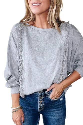 Light Grey Waffle Patchwork Long Sleeve Raw Hem Pullover Top