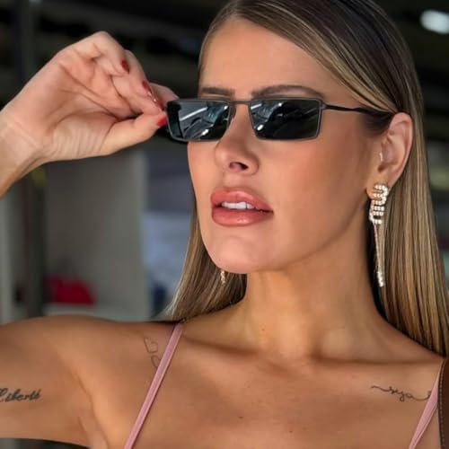 Image of Small Y2K Narrow Rectangle Sunglasses for Women Men | Trendy Raves,80s 90s Retro,Lightweight,Thin Metal Frame,UV400 Protection,Fashion Glasses for Festival Travel Driving