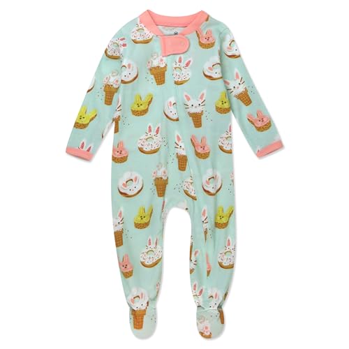 Image of HonestBaby Sleep and Play Footed Pajamas One-piece Sleeper Jumpsuit Zip-front Pjs Organic Cotton for Baby Girls, Unisex, Bakery Bunnies, 0-3 Months