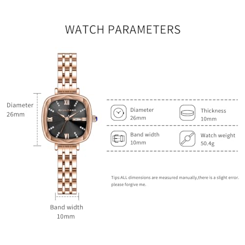 Image of Giordano Elegant Square Rose Gold Watch for Women - Crystal & Roman Hour Markers, Day-Date Display, Stainless Steel Strap
