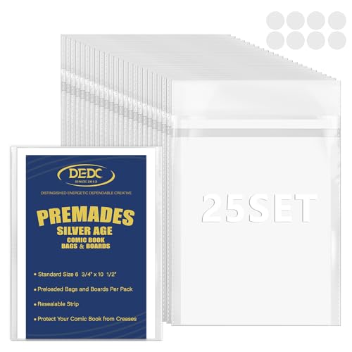 25 Set Silver Age Comic Book Bags and Boards Premade Comic Book Sleeves and Boards Adhesive Stickers | Acid-Free Archival Quality | Reusable Protection 350g Thick Rigid Board