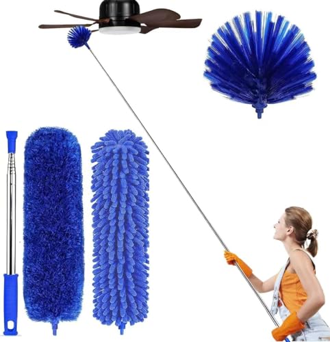 Image of 3 in 1 Microfiber Feather Duster Bendable & Extendable Pole 30-100 Inch Extra Long Extension Pole for Cleaning High Cobweb Stick High Ceiling Fan - Stainless Steel,Blue