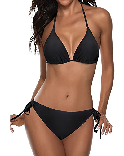 Tempt Me Women Black Two Piece Halter Padded Top Tie Side Bottom Triangle Bikini Bathing Suit M