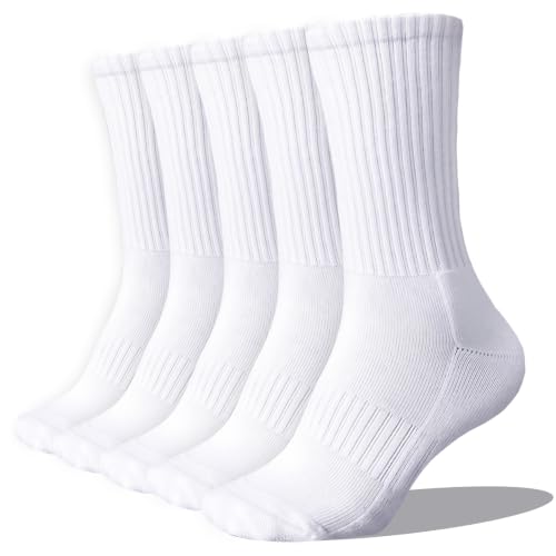Wamicu 5 Paar Damen Tennissocken Sportsocken mit gepolsterte Sohle & Fußgewölbestütze Baumwolle Atmungsaktive Crew Laufsocken Wandersocken Größe 3942 (Weiß)