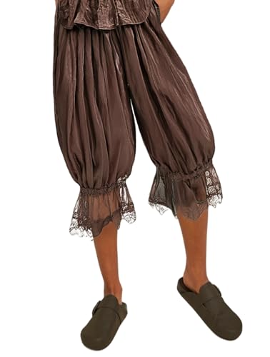 Image of Women Lace Long Bloomers Pants Elastic Waist Y2k Ruffle Pettipants Slip Cute Pantaloons Pumpkin Pants
