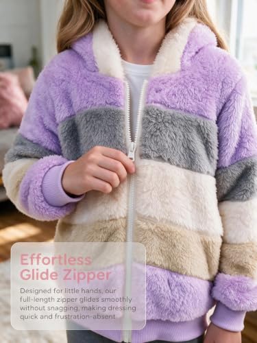 Image of Girls Fleece Jackets Kids Sherpa Fuzzy Zip up Hoodie Fall Winter Contrast color Pullover Sweatshirt 4-12 Years