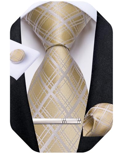 Image of DiBanGu Plaid Ties for Men Silk Checkered Necktie and Pocket Square Cufflinks Tie Clip Set with Gift Box for Wedding Business