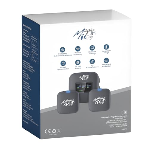 MagicMic™ 3 Pro Influencer Mikrofon Set LCD-Display, KI Geräuschunterdrückung, 20h Akku Stereo/Mono Modus, Lautstärkeregelung Kabelloses Mic für iPhone, Android, PC, YouTube, Vlogs (2 TX + 1 RX)