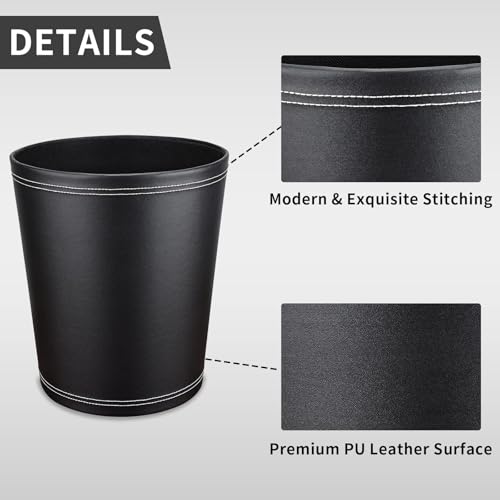 Image of GORESE Pu Leather Trash Can, 2.6 Gallon Black Bathroom Trash Can, Small Office Garbage Can Wastebasket for Bedroom, Kitchen, Round Trash Bin Decorative Under-Sink /Desk /Home Easy to Clean