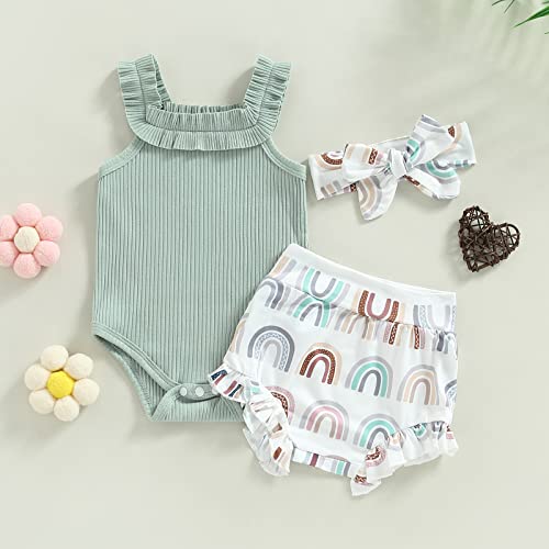 Newborn Baby Girl Summer Outfits Ribbed Sleeveless Romper Bodysuit Top And Ruffle Shorts Headband Clothes Sets (Green Rainbow, 12-18 Months) #TOP2